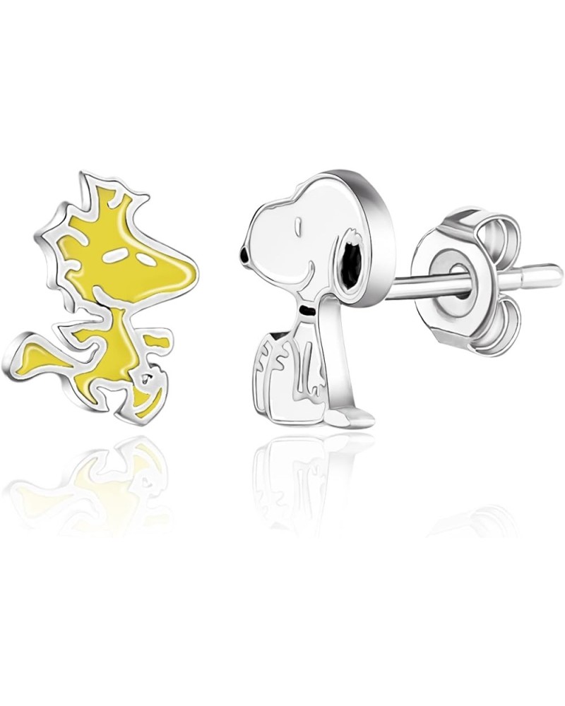 Womens Woodstock and Snoopy Earrings - Silver Plate and Enamel Snoopy Stud Earrings - Officially Licensed Snoopy and Woodstoc...