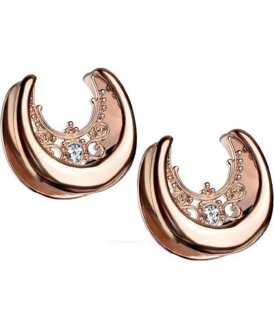 Rose Gold Tone Floral Filigree Crystal Center Saddle Spreader Ear Gauges in 316L Stainless Steel, Sold as A Pair 14mm (9/16")...