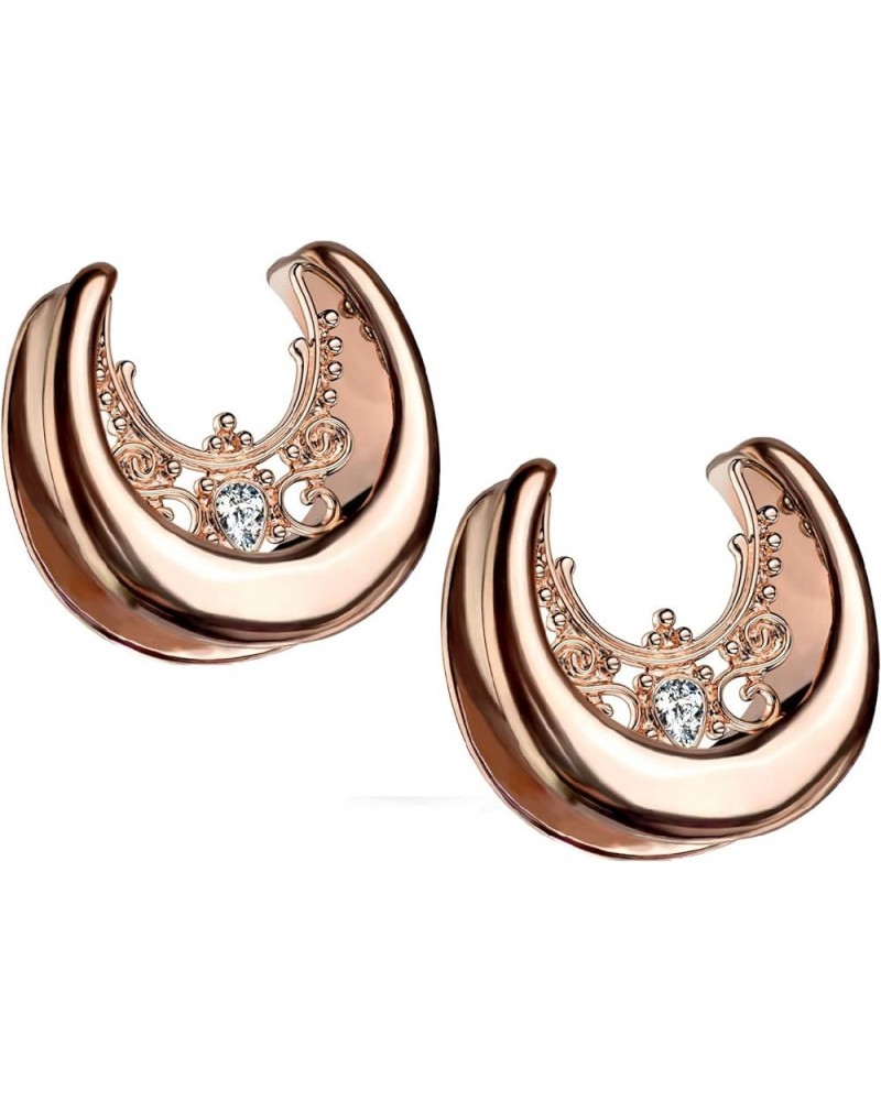 Rose Gold Tone Floral Filigree Crystal Center Saddle Spreader Ear Gauges in 316L Stainless Steel, Sold as A Pair 14mm (9/16")...