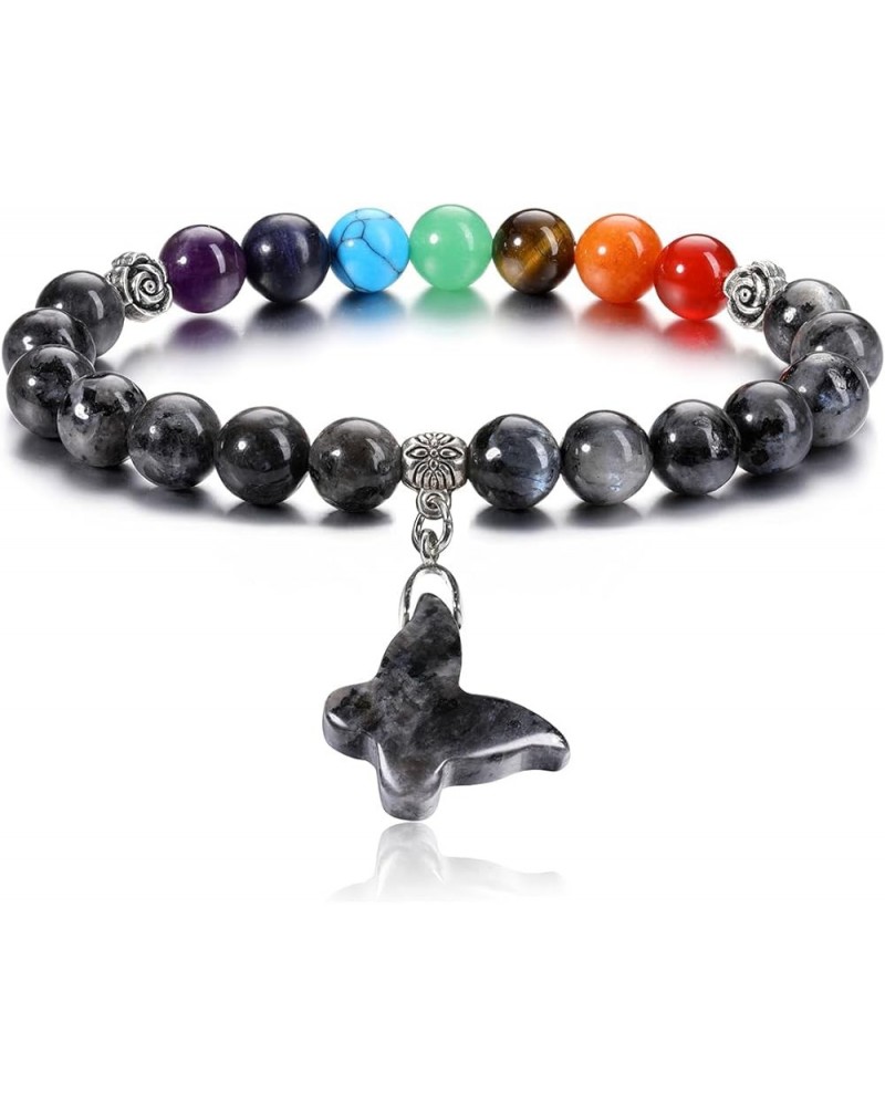 Chakra Crystal Bracelet for Women 8mm Healing Crystal Gemstone Bead Bracelet with Butterfly Charm Bracelet Gift black labrado...