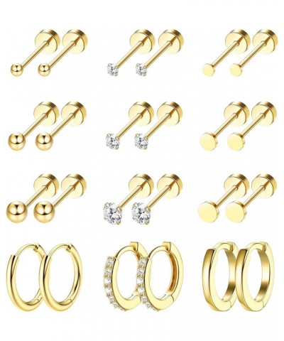 12 Pairs Tiny Stud Hoop Earring 18K Gold Plated Stainless Steel Earring Sets for Multiple Piercing Small Threadless Flat Back...