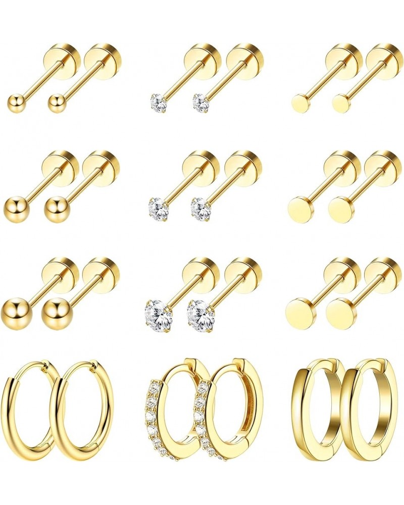 12 Pairs Tiny Stud Hoop Earring 18K Gold Plated Stainless Steel Earring Sets for Multiple Piercing Small Threadless Flat Back...