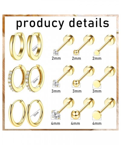 12 Pairs Tiny Stud Hoop Earring 18K Gold Plated Stainless Steel Earring Sets for Multiple Piercing Small Threadless Flat Back...