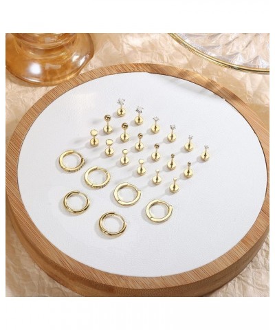 12 Pairs Tiny Stud Hoop Earring 18K Gold Plated Stainless Steel Earring Sets for Multiple Piercing Small Threadless Flat Back...