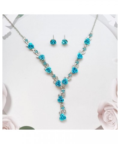 Rose Flower Necklace Earrings Set Crystal 3Pcs Bridal Flower Pendant Necklace Chain Studs Floral Wedding Jewelry for Women Gi...