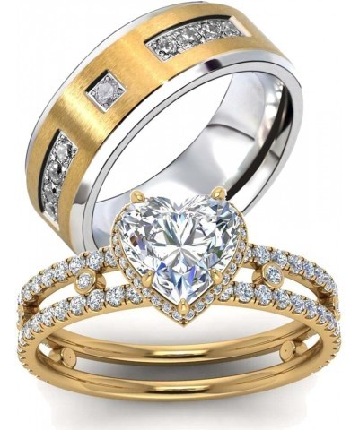 Couple Rings Matching Ring Heart 1.5ct CZ Yellow Gold Plated Women Wedding Ring Sets for Him and Her Rings Gold women size8 &...