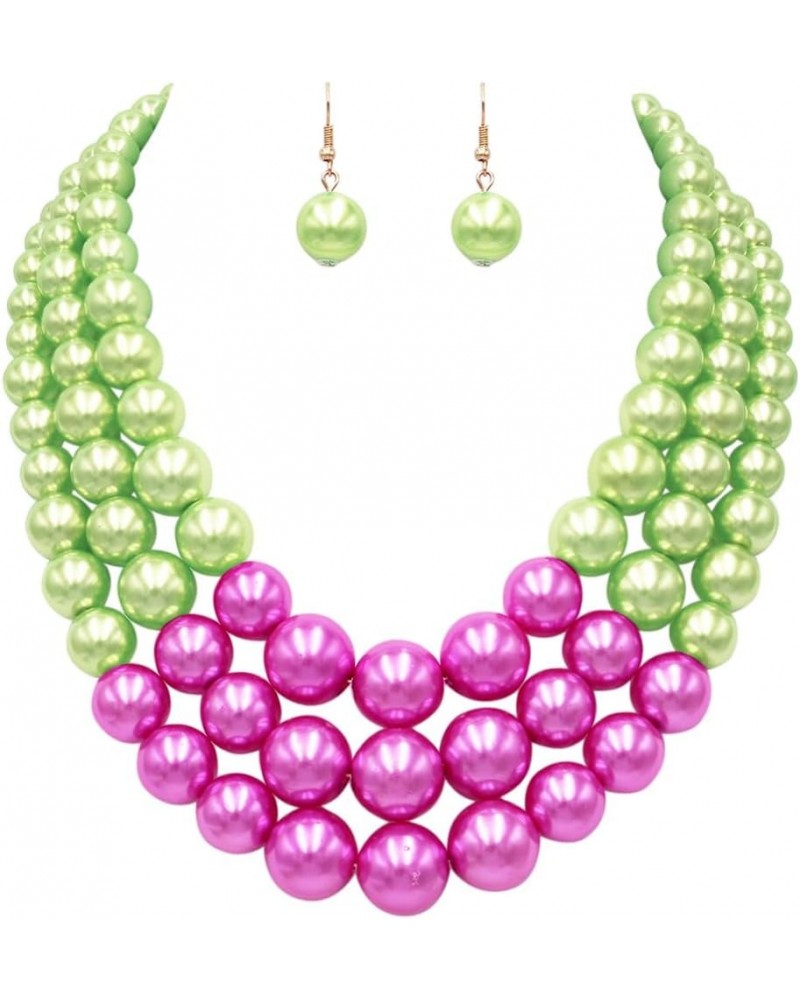 Women's 3 Colorful Multi Strands Simulated Pearl Necklace And Earrings Jewelry Gift Set, 18"+3" Extender Green With Fuchsia P...