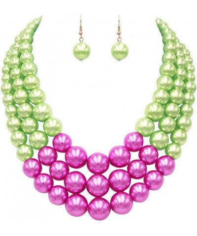 Women's 3 Colorful Multi Strands Simulated Pearl Necklace And Earrings Jewelry Gift Set, 18"+3" Extender Green With Fuchsia P...