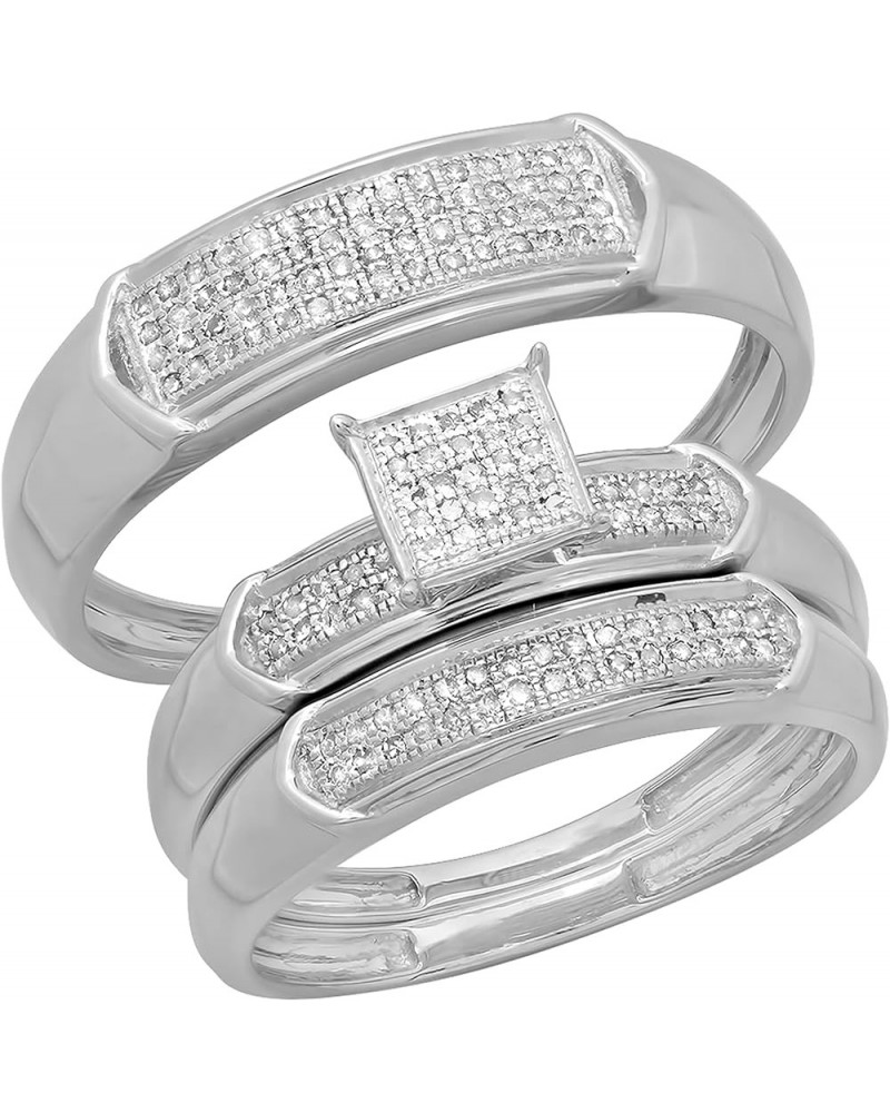 0.30 Carat (ctw) Round White Diamond Men & Women's Micro Pave Trio Bridal Wedding Set 1/3 CT, 14K White Gold womens size 8 & ...