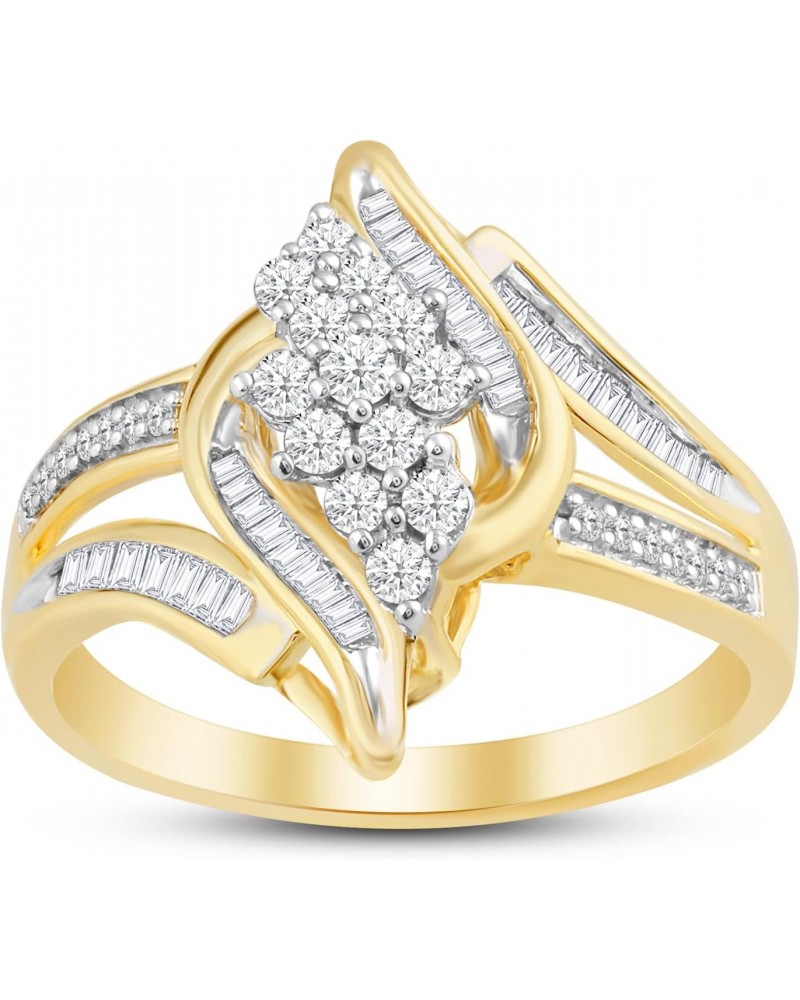 10K Yellow Gold 1/2 Cttw Round and Baguette Cut Natural White Round Diamond Cluster Ring $145.80 Rings