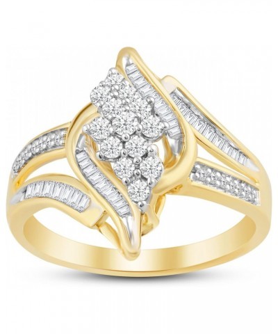 10K Yellow Gold 1/2 Cttw Round and Baguette Cut Natural White Round Diamond Cluster Ring $145.80 Rings