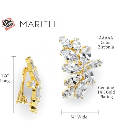 Gold Clip-On Cubic Zirconia Crystal Bridal Earrings, Marquis Shape CZ Curved Clusters, Non-Pierced Earrings for Wedding, Brid...