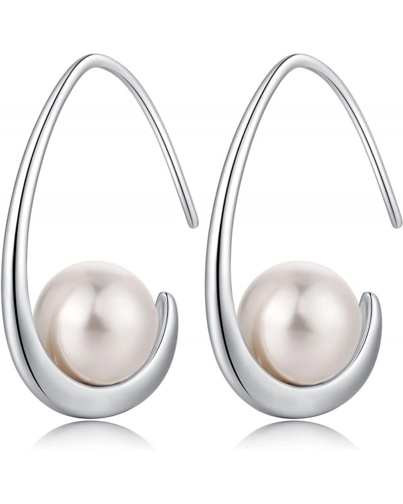 18K White Gold Plated Pearl Hangling Earrings for Women, 925 Sterling Silver Cubic Zirconia Pearl Dangle Drop Earrings with F...