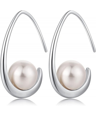 18K White Gold Plated Pearl Hangling Earrings for Women, 925 Sterling Silver Cubic Zirconia Pearl Dangle Drop Earrings with F...