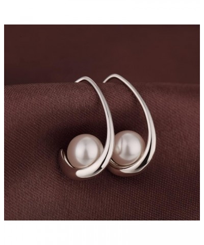 18K White Gold Plated Pearl Hangling Earrings for Women, 925 Sterling Silver Cubic Zirconia Pearl Dangle Drop Earrings with F...