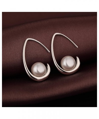 18K White Gold Plated Pearl Hangling Earrings for Women, 925 Sterling Silver Cubic Zirconia Pearl Dangle Drop Earrings with F...