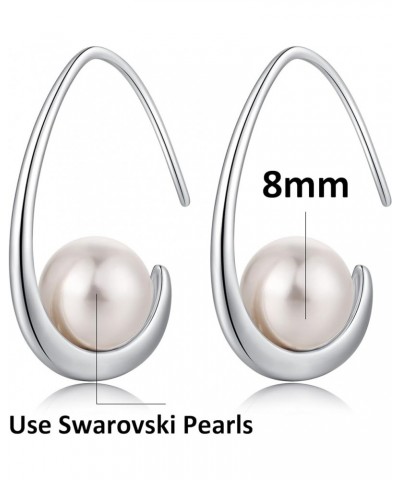 18K White Gold Plated Pearl Hangling Earrings for Women, 925 Sterling Silver Cubic Zirconia Pearl Dangle Drop Earrings with F...