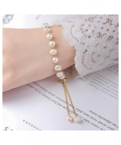 Pearl Bracelet for Women Dainty Freshwater Baroque Pearl Bracelet Adjustable Gold Pearl Bracelet Slider Bolo Bracelet White P...