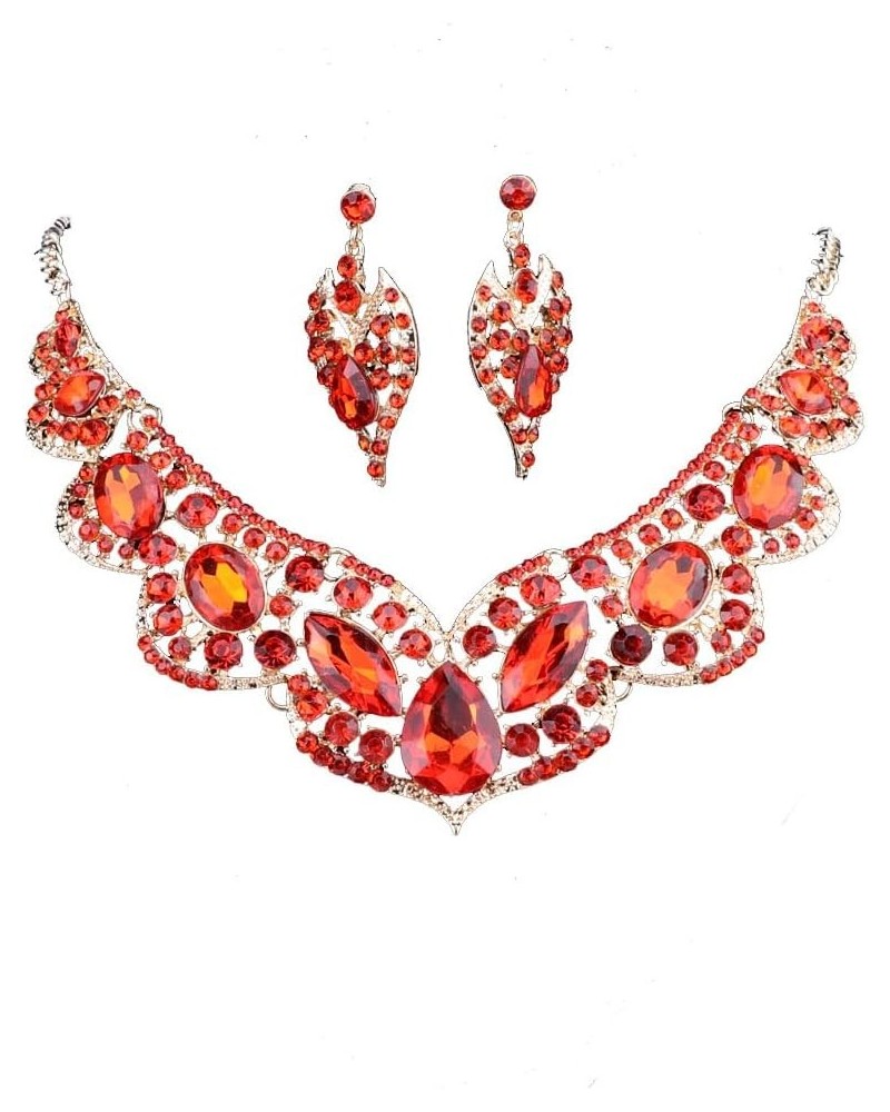 Fashion Crystal Bridal Party Jewelry Sets For Women Rhinestone Geometric Choker Chain Collars Necklaces Earrings Sets Red $13...