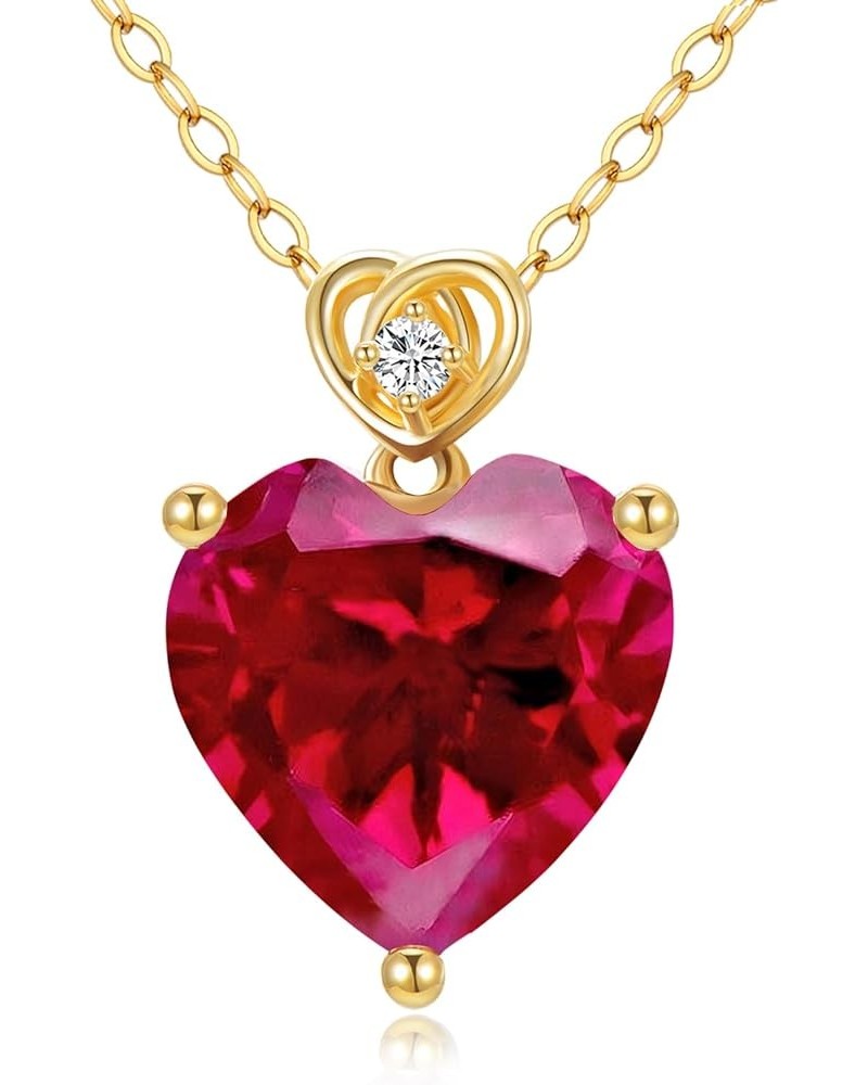 14k Solid Gold Love Heart Gemstone Birthstone Pendant Necklace for Women 3 carat Heart-cut Created Birthstone Anniversary Bir...