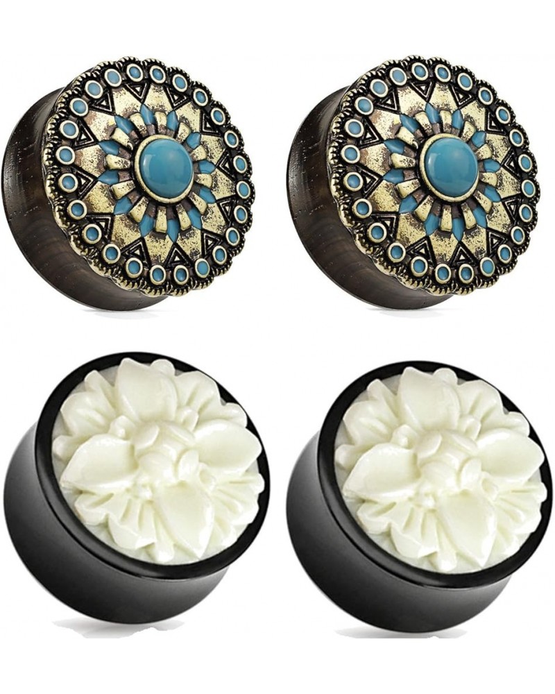 2 Pairs Black Wood Turquoise White Buffalo Flower Wood Ear Plugs Tunnels 00g 1/2 9/16 5/8 3/4 7/8 1 Inch 1 inch 25mm $12.46 B...