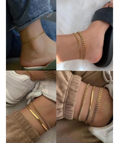 Gold Ankle Bracelets for Women Waterproof Flat Mariner Cuban Rope Snake Anklet Set Layered18K Gold Plated Foot Chain Adjustab...