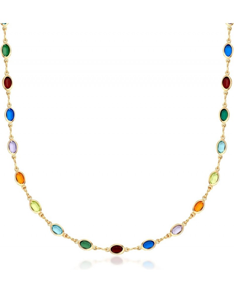 18K Gold Plated Multicolor Stone Crystal Oval Necklace for Women - Made In Brazil 16 Inches Dark Multi $10.59 Necklaces