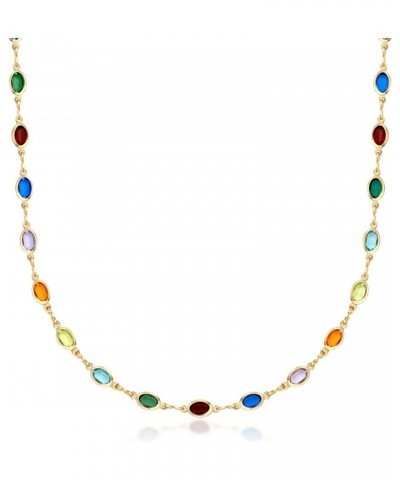 18K Gold Plated Multicolor Stone Crystal Oval Necklace for Women - Made In Brazil 16 Inches Dark Multi $10.59 Necklaces