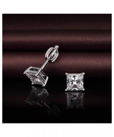 Rhodium Plated Sparkling CZ Diamond Stud Earrings 925 Sterling Silver Round Cut and Princess Cut 5A+ Cubic Zirconia Stud Earr...