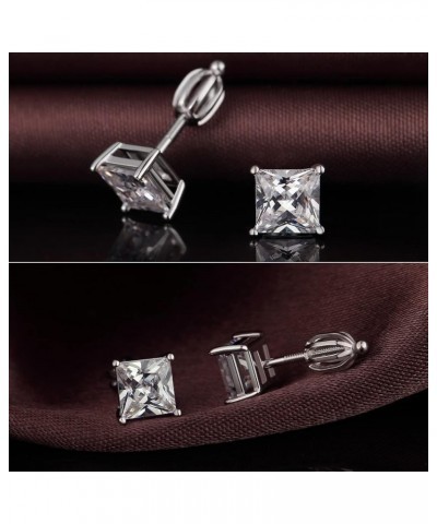 Rhodium Plated Sparkling CZ Diamond Stud Earrings 925 Sterling Silver Round Cut and Princess Cut 5A+ Cubic Zirconia Stud Earr...