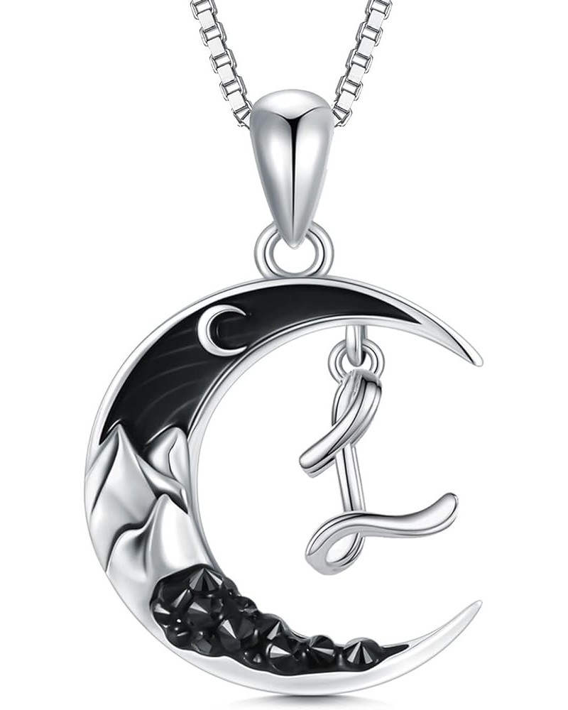 Sterling Silver A-Z Initial Necklaces Classic 26 Letter Pendant with Black Moon Gothic Jewelry Crescent Moon Mountain Gifts B...