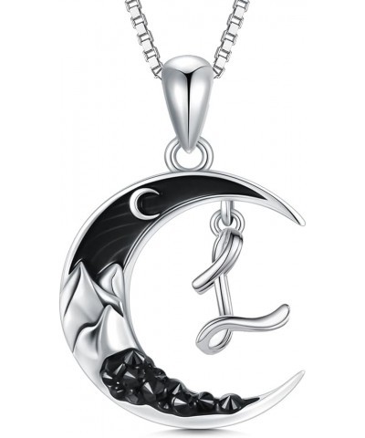 Sterling Silver A-Z Initial Necklaces Classic 26 Letter Pendant with Black Moon Gothic Jewelry Crescent Moon Mountain Gifts B...