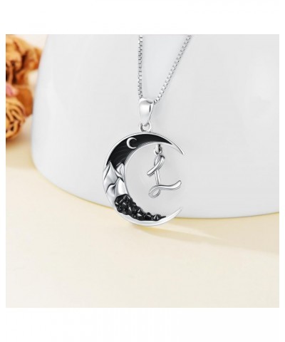 Sterling Silver A-Z Initial Necklaces Classic 26 Letter Pendant with Black Moon Gothic Jewelry Crescent Moon Mountain Gifts B...