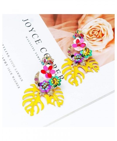 Colorful Leaf Flower Dangling Earring for Women Girls Fashion Statement Boho Drop Earrings Yellow $9.08 Earrings