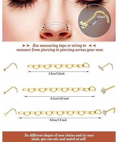 Nose Ring Nose Chain Piercing Across Double Nose Stud Chain Jewelry CZ Heart Ball l Shaped Stainless Steel Nose Piercing Stud...