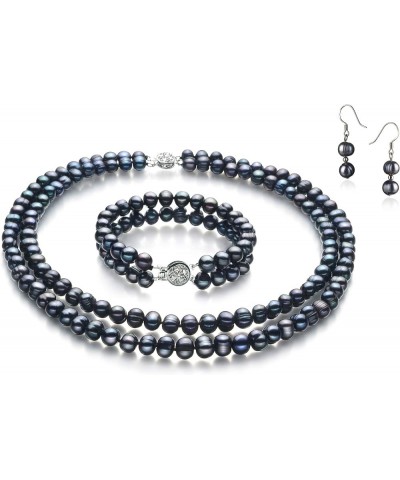 Julika Black 6-7mm Double Strand A Quality Freshwater 925 Sterling Silver Cultured Pearl Set For Women 18.0 Inches $136.40 Je...