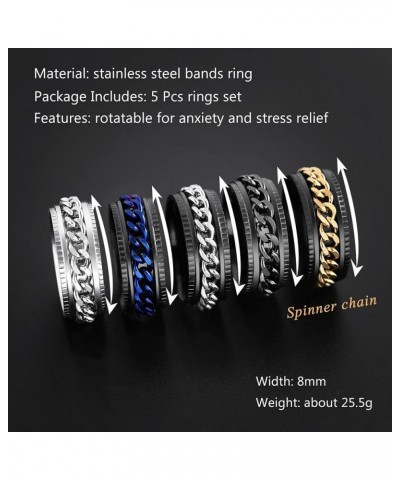 Fidget Rings For Anxiety For Women, Stainless Steel Rings For Men, 8MM Intertwine Rings Curb Chain Ring 5pcs Stress Relief Ri...