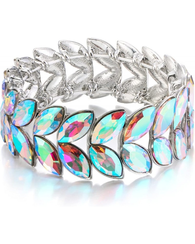 Art Deco Wrist Jewelry for Prom Layered Marquise Crystal Leaf Elastic Stretch Bracelet for Women Iridescent AB Silver-Tone $1...