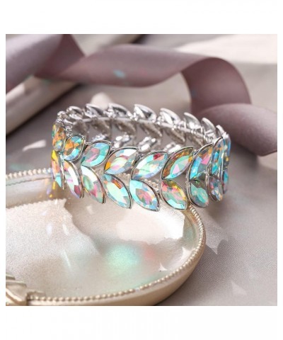 Art Deco Wrist Jewelry for Prom Layered Marquise Crystal Leaf Elastic Stretch Bracelet for Women Iridescent AB Silver-Tone $1...