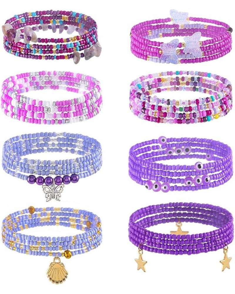 24-39inch African Waist Beads for Women 8Pcs Elastic Belly Beads Colorful Beaded Waist Jewelry Accessories Body Chain Purple ...