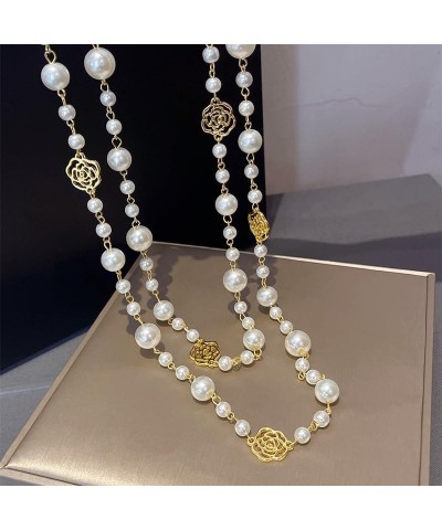 Gold Multi Strand Faux Pearl Necklace for Women Vintage Long White Pearl Necklace Party Costume Jewelry Gifts Rose flower $11...