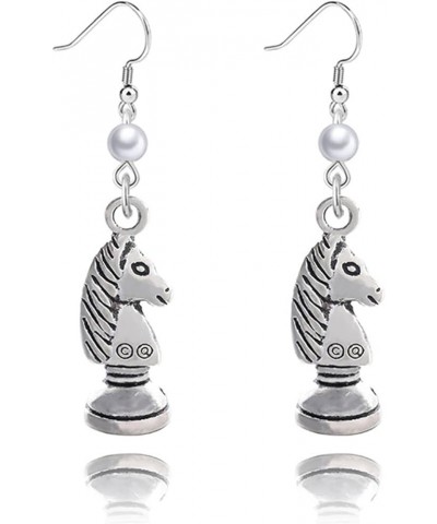 3D Chess Pearl Earrings for Women Girls Unique Antique Silver King Queen Knight Game Horse Racing Hook Dangle Chess Jewelry F...