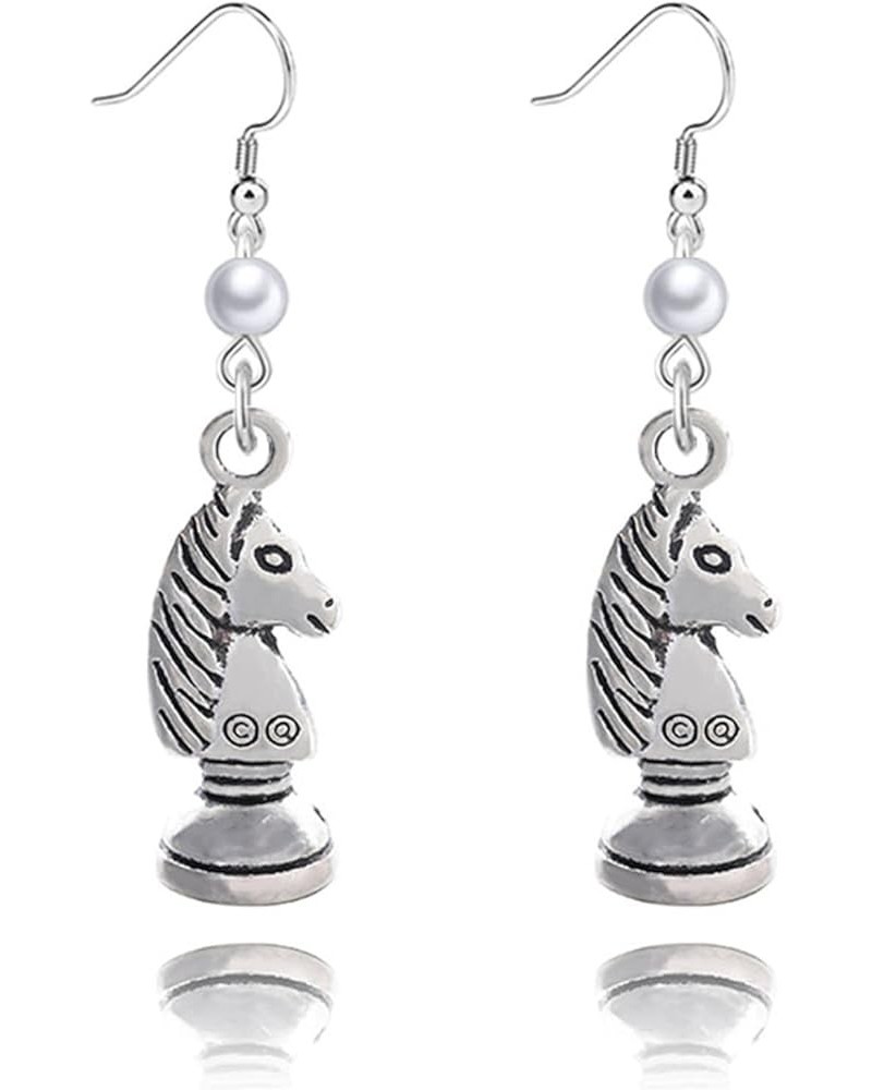 3D Chess Pearl Earrings for Women Girls Unique Antique Silver King Queen Knight Game Horse Racing Hook Dangle Chess Jewelry F...