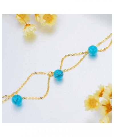 14K Gold Turquoise Anklet for Women, Real Yellow Gold Layered Beaded Anklet Fine Jewelry Gift for Wife Girlfriend Mom Her 8+2...