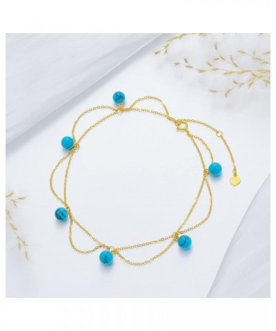 14K Gold Turquoise Anklet for Women, Real Yellow Gold Layered Beaded Anklet Fine Jewelry Gift for Wife Girlfriend Mom Her 8+2...