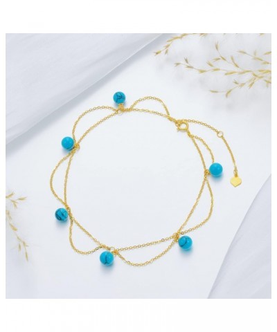 14K Gold Turquoise Anklet for Women, Real Yellow Gold Layered Beaded Anklet Fine Jewelry Gift for Wife Girlfriend Mom Her 8+2...