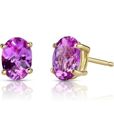 Solid 14K Yellow Gold Created Pink Sapphire Earrings for Women, Classic Solitaire Studs, Hypoallergenic 7x5mm Oval Shape, 2 C...