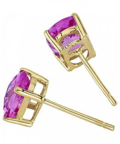 Solid 14K Yellow Gold Created Pink Sapphire Earrings for Women, Classic Solitaire Studs, Hypoallergenic 7x5mm Oval Shape, 2 C...