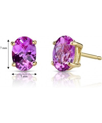 Solid 14K Yellow Gold Created Pink Sapphire Earrings for Women, Classic Solitaire Studs, Hypoallergenic 7x5mm Oval Shape, 2 C...