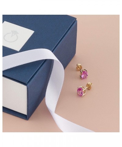 Solid 14K Yellow Gold Created Pink Sapphire Earrings for Women, Classic Solitaire Studs, Hypoallergenic 7x5mm Oval Shape, 2 C...